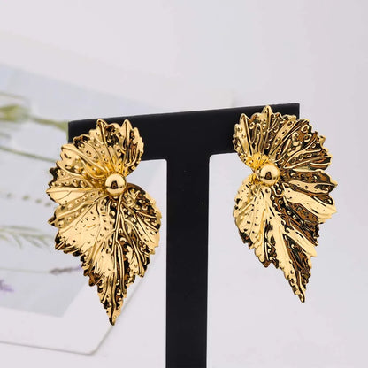 Gold Plated 4PCS Women Jewelry Set Luxury Leaf Shape Earrings Thick Collar Necklace Beautiful Bangle Ring For Wedding Party Gift