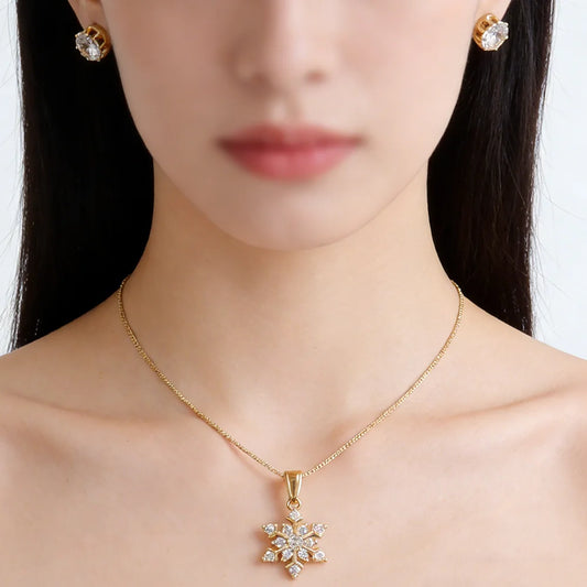 Luxury Fashion 2 Piece Set Elegant Snowflake Pendant Gold Color Zircon Earrings Necklace Party Birthday Gifts Jewelry