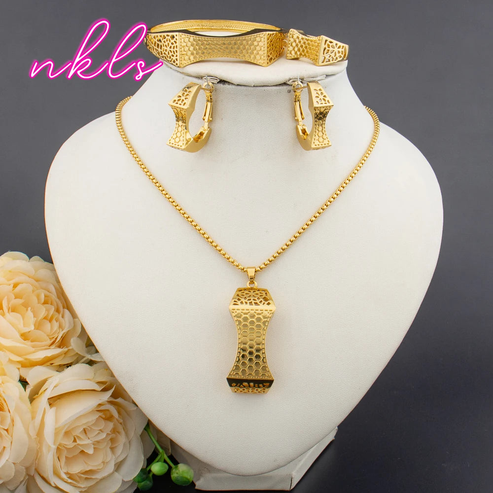 Italy  Plated Jewelry Sets For Women Fashion Jewelry Pendant Necklace Hoop Earrings Cuff Bracelet Ring Set Party Gift
