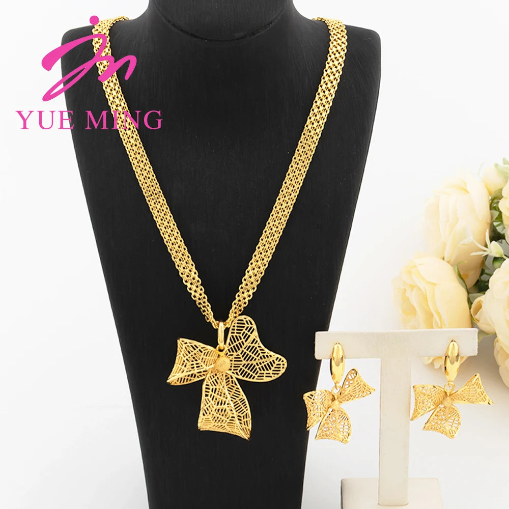 YM Dubai Gold Color Jewelry Sets for Women Copper Necklace Earrings Bowknot Pendant African Bridal Wedding Jewelry Accessories - YUEMING JEWELRY