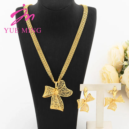 YM Dubai Gold Color Jewelry Sets for Women Copper Necklace Earrings Bowknot Pendant African Bridal Wedding Jewelry Accessories - YUEMING JEWELRY