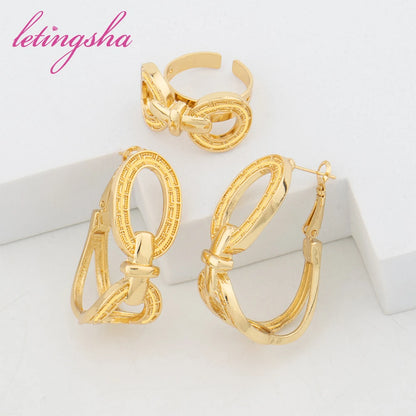 Classic Rings Jewellery Set Dubai Luxury Necklace Chain Gold Color Earrings 18K Gold Plated Bracelet African Fashion Jewelry Set