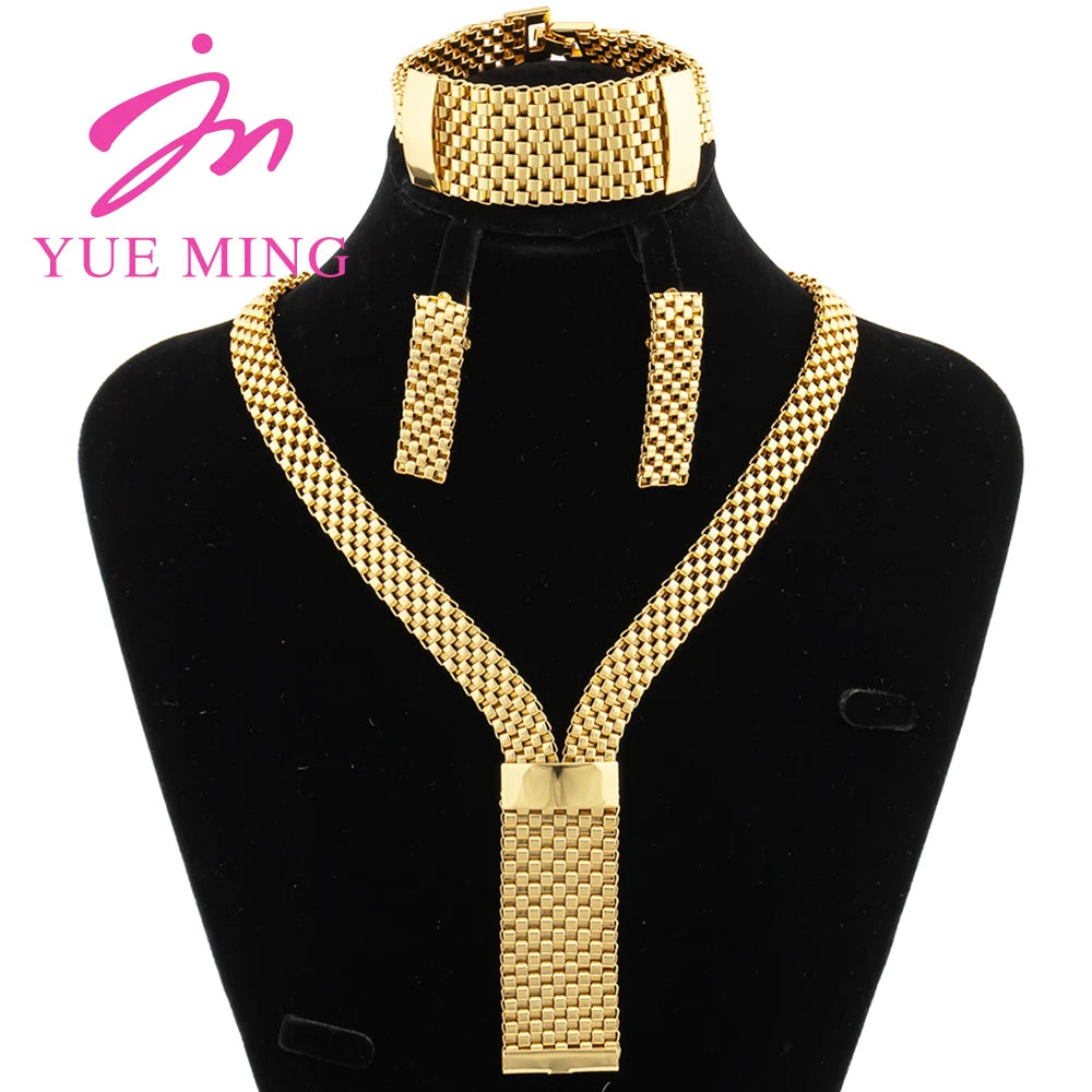 18k Gold Plated Jewelry Set for Women Luxury Wedding Italian Jewellery Bride Necklace Earring Bracelet African Jewelry Accessory