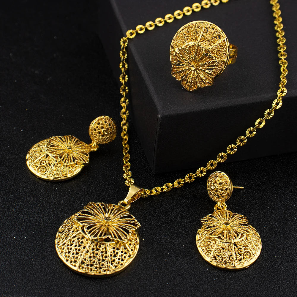 Dubai Bridal Tone Jewelry Set for Women, Mid-East Necklace Earrings, Indian Wedding Party Gift, Elegant Costume Charm