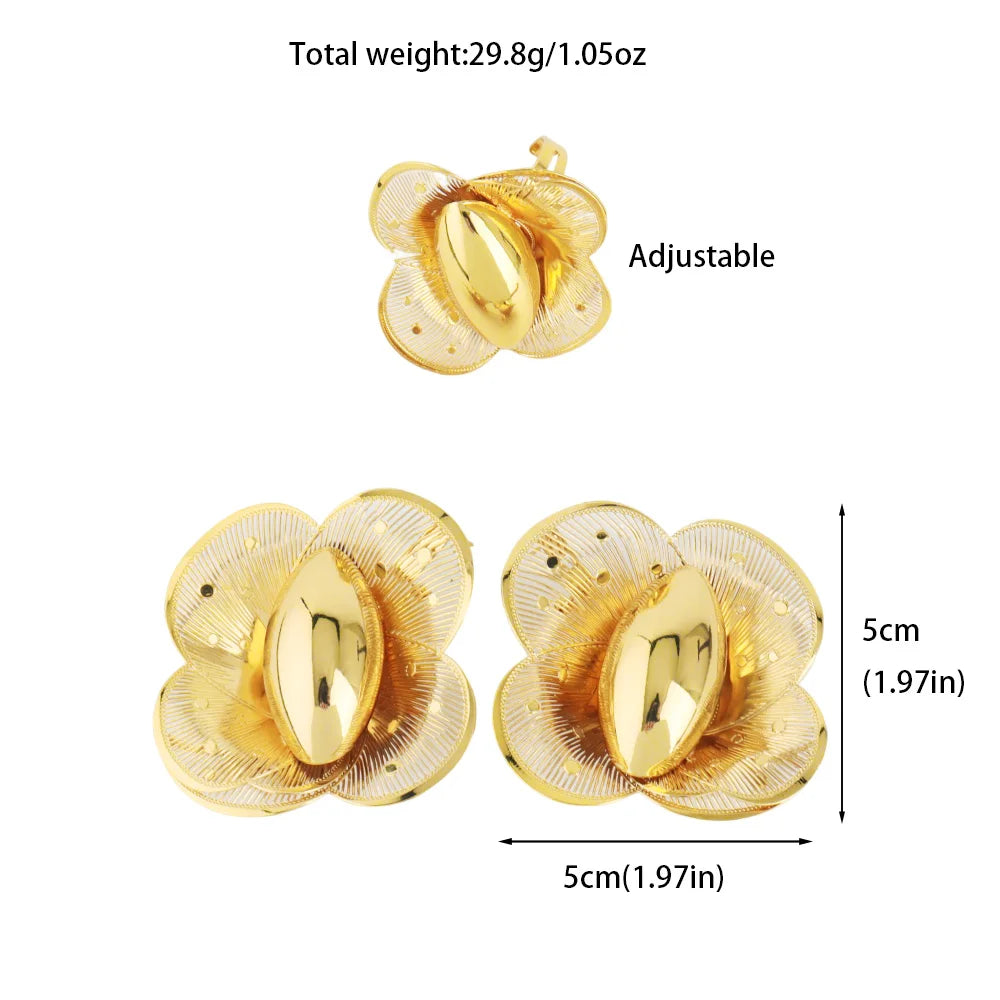 Elegant Multi Layer Petal Flower Earrings 2025 New Women Style Design Ring and Earrings for Women Classic Gold Color Jewelry