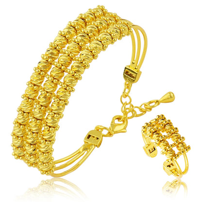 Gold Color Classic Bangle with Ring African Fashion Gold Plated Charms Jewelry Set for Women Luxury Wedding Bracelet Ring Set