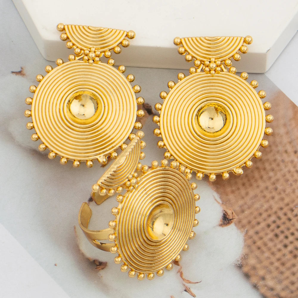 African Earrings with Ring Jewelry Set for Women Gold Plated Clip Earrings Finger Rings 2Pcs Set for Party Nigerian Daily Wear