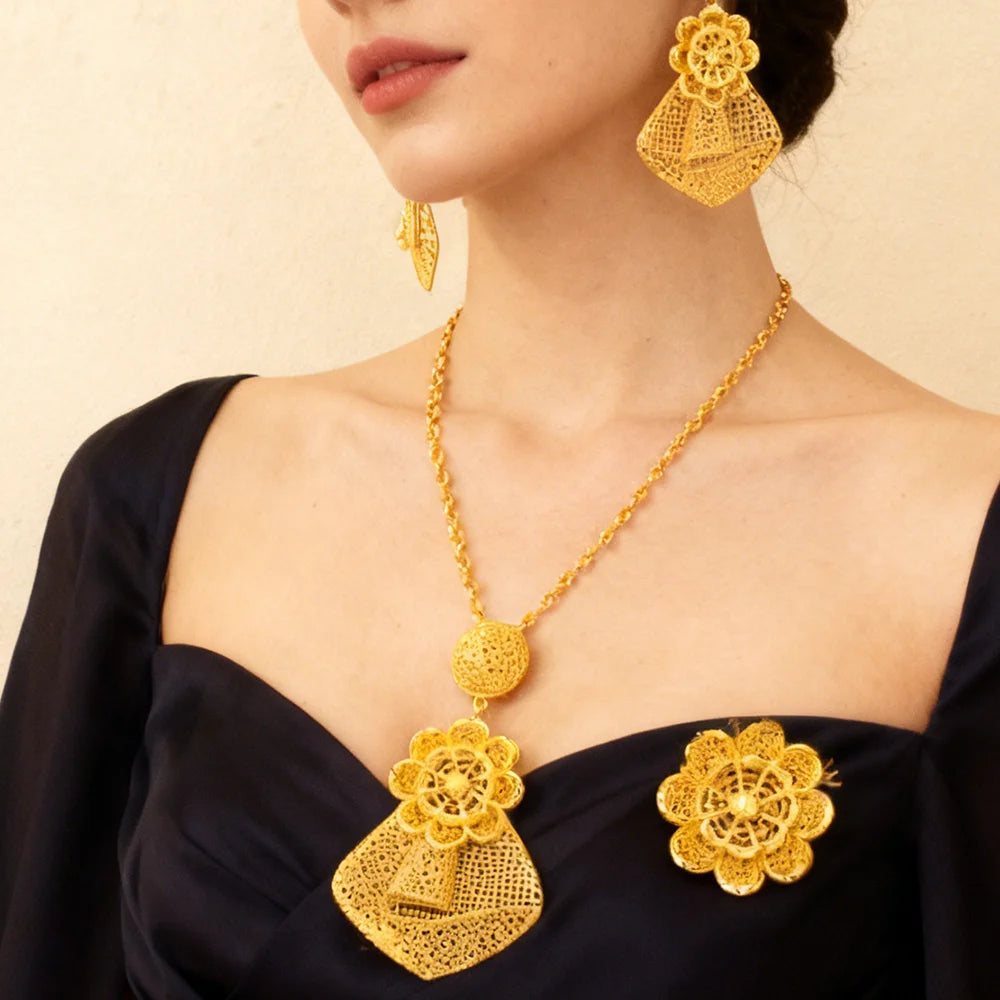 24k gold color party necklace earrings rings set luxury gold jewelry sets for woman wedding party Accessories