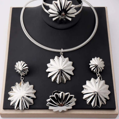 Vintage Women Polygonal Star Shape Jewelry Set Silver Plated Earrings Fine Chain Unisex Bangle Ring Sets for Party Daily Wearing