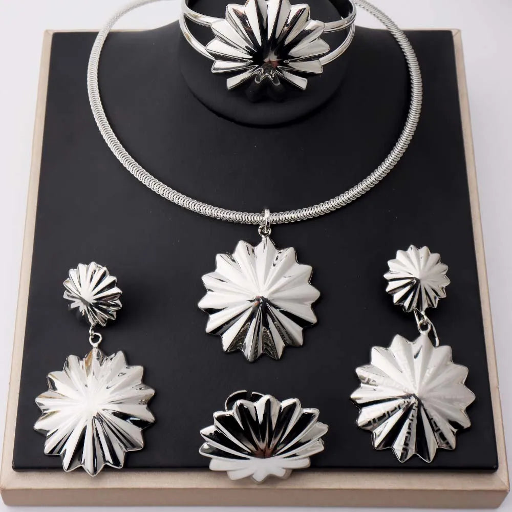Silver Tone Polygonal Star Jewelry Set: Fine Chain Necklace, Earrings & Ring for Women, Unisex Vintage Daily Party Accessori