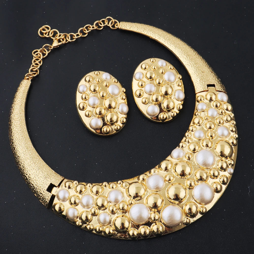 Dubai Gold Silver Plated Jewelry Set Luxury Women Original Necklace Earrings Pearl Bracelet Ring Bridal Wedding Party Gift