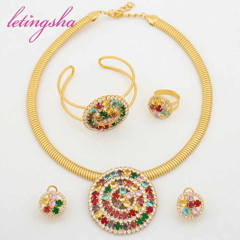 Dubai Jewelry Set for Women Fashion Colored Zircon Pendant Earrings Cuff Bangle Ring Luxury Gold Color Necklace Set Party Gift