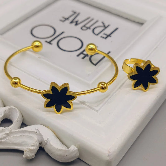 Gold Color Opening Bracelet Ring of Feman Gold Plated Vintage Romantic Flower Shape 2pcs Jewelry Set Apply to Wedding Party