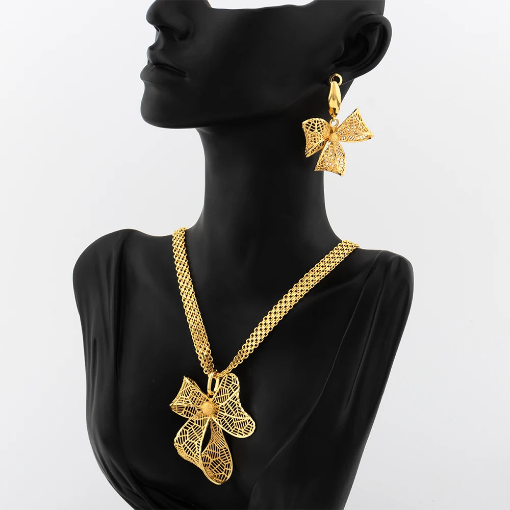 YM Dubai Gold Color Jewelry Sets for Women Copper Necklace Earrings Bowknot Pendant African Bridal Wedding Jewelry Accessories