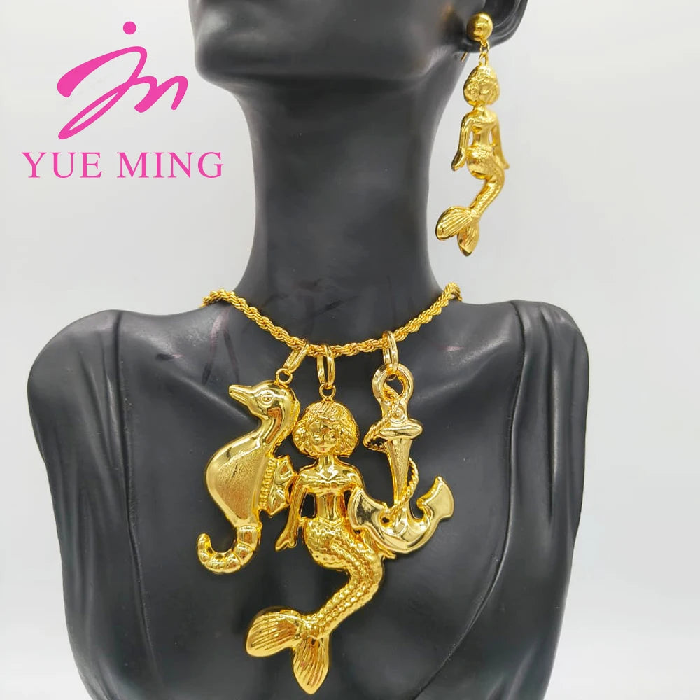 YM Egyptian Pharaoh Pendant with 60cm Necklace Dubai 18k Gold Plated Bear Drop Earrings Copper Jewelry Sets Wholesale Jewellery - YUEMING JEWELRY