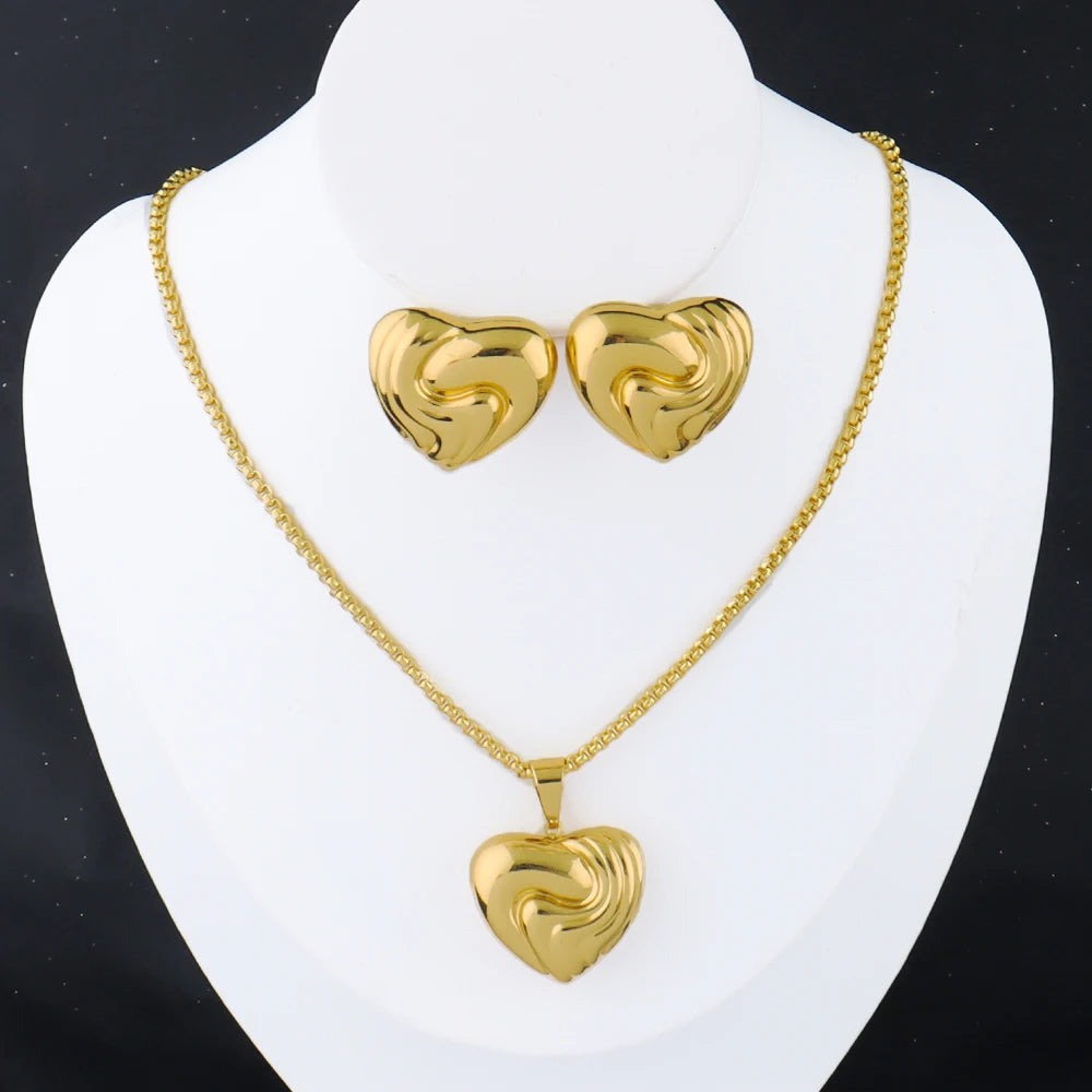 Heart Love Pendant Necklace & Double Earrings Jewelry Set for Women, Exquisite Wedding Gift, Minimalist Design Fashion Accessori
