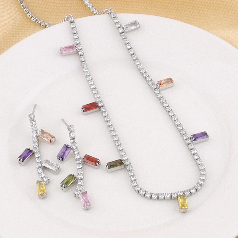 Fashion Colorful Cubic Zirconia Stainless Steel Necklace For Women 18K Gold Plated Fashion Waterproof Jewelry Gifts