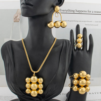 Luxury Gold Color Jewelry Set Women Nine Beads Large Earrings Bracelet Ring Necklace African Dubai Fashion Italy Christmas Gift