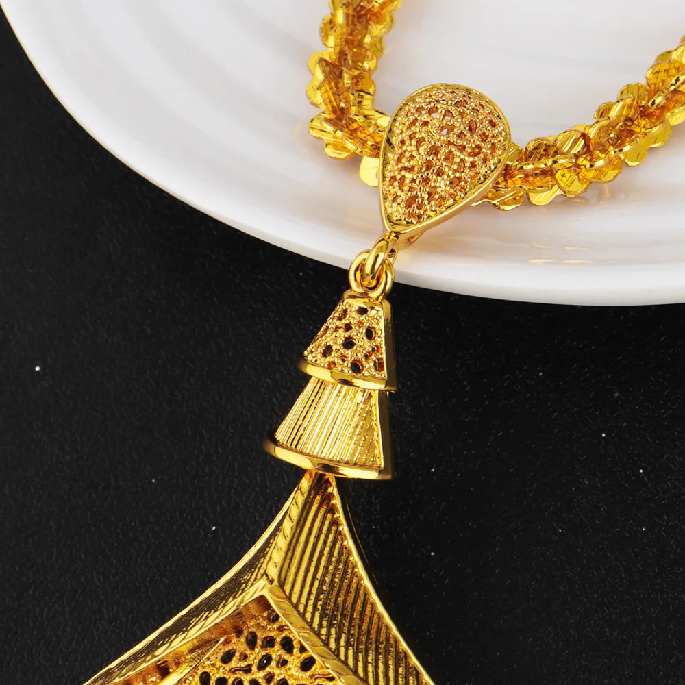 Fancy Gold Plated Necklace Earrings Set Women Indian Dubai Wedding Party Combo