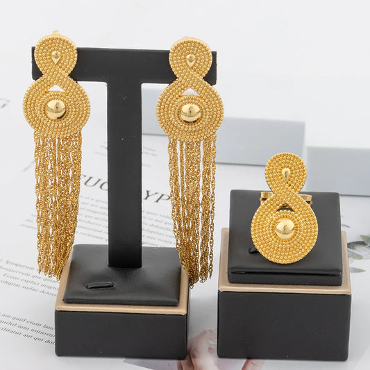 YM 18k Gold Plated Jewelry for Nightclub Queen Fashion Luxury Bridal Wedding Jewellery Accessory Long Tassel Earrings Rings Set