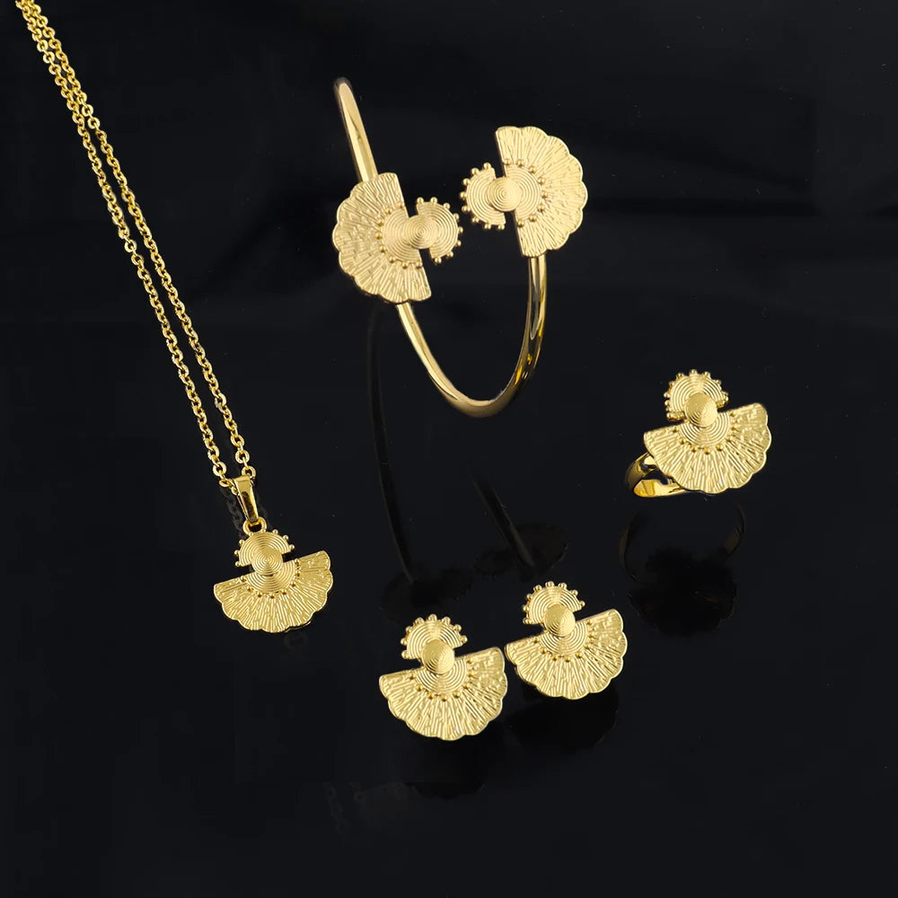 Fashion Gold Plated Jewelry Gift Necklace Earrings Bracelet Ring Set for Women Girl Bride Charm Bangle for Party Wedding Banquet