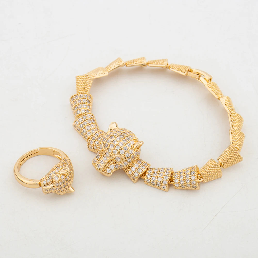 2024 New Fashion Hyperbole Rhinestones Tiger for Women Gold Color Necklace Earrings Bracelet Ring Unique Party Jewelry Bride