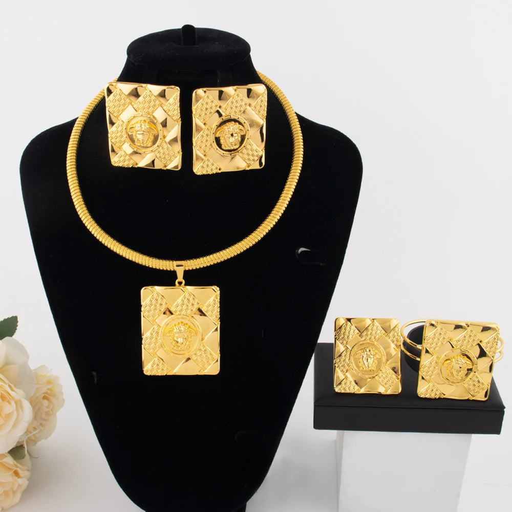 Dubai Luxury Jewelry Set for Women 18K Gold Plated Necklace Bracelet Ring Earrings Classic Daily Wear Party Gift