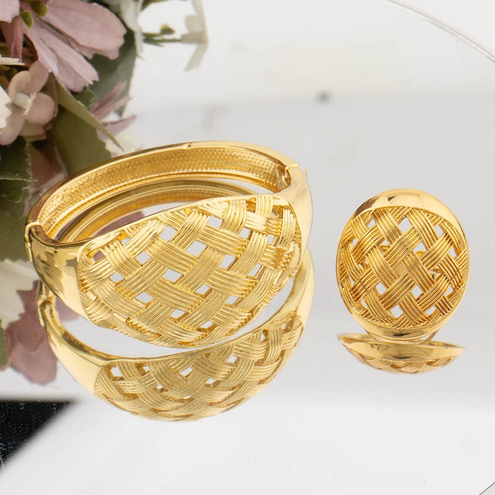 Dubai Cuff Bangle & Ring Set, Chunky Luxury Italian African Bracelet for Wedding & Daily Wear, Elegant Jewelry Women Se