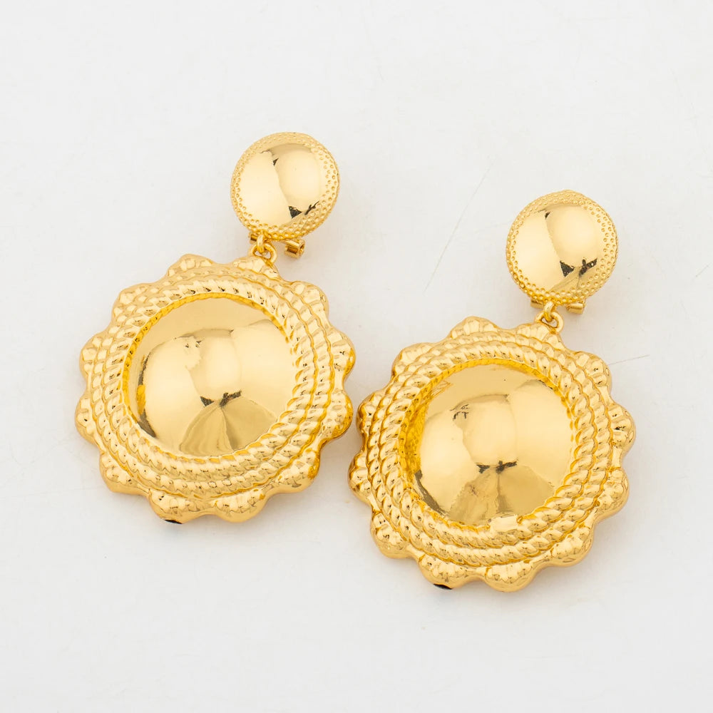Romantic Gold Color Jewelry Set for Dubai Women Big Earrings and Necklace with Bangle Ring African Copper Gold Plated Jewelry