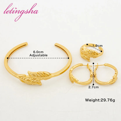 Dubai Gold Color Luxury Jewelry Set Fashion Statement Cuff Bangle Newest Hoop Earrings Ring Sets for Women Trendy Jewelry Gift