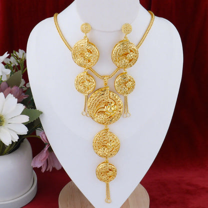 18K Gold Plated Dubai Inspired Jewelry Set for Women with Complex Flower Design Chain Necklace Charms Earrings - Perfect for Par