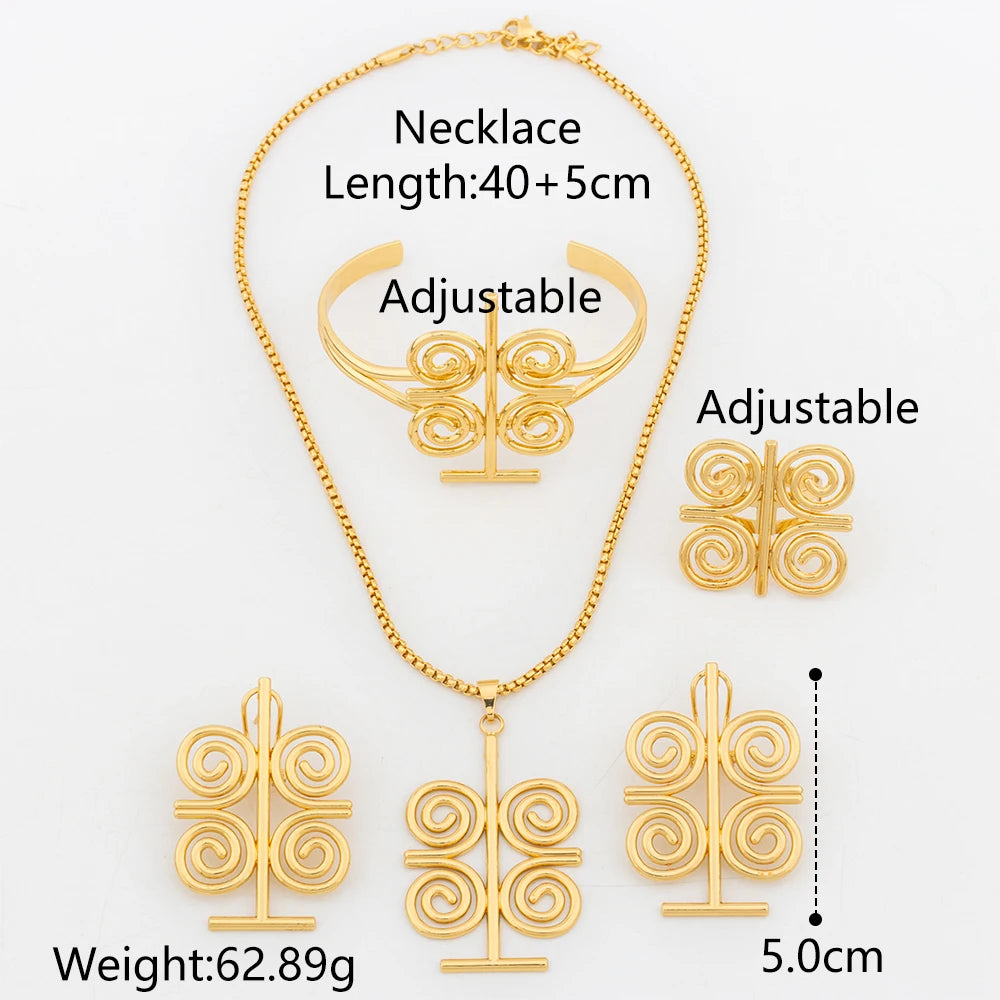 Trend Gold Color Jewelry Set for Ladies Hollow Out Design Earrings and Necklace Cuff Bangle Ring Set Ethiopian Jewelry Gifts