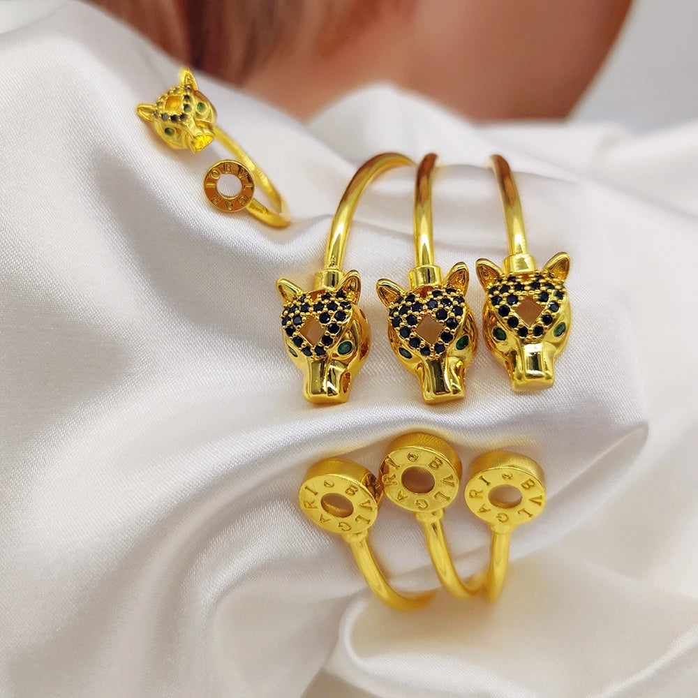 Serpentine Bangles Ring Women Luxury 18k Gold Color Black Zircon 3PCS Bracelet and Open Ring Charm Hand Jewelry Sets Party Gifts