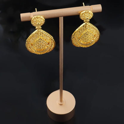 Dubai 24K Gold Color Geometry Necklace Earrings Ring Set  Elegant  Jewelry  For Women Two Piece Jewelry Wholesale free shipping