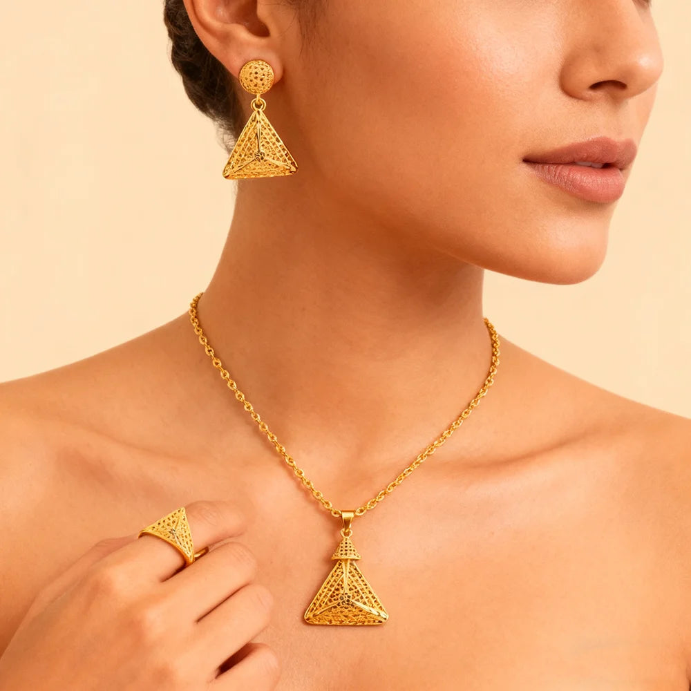 Luxury Arabic Gold Wedding Jewelry Set Gold Plated Dubai Bridal Necklace Earrings Ring Nigeria Women Vintage Jewelrys Gift