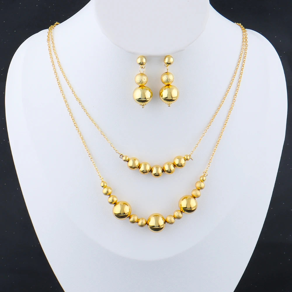 Plated Italy-French Round Bead Necklace & Earrings Jewelry Set for Women, Smooth  Color Gift for Party Wedding
