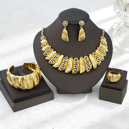 Dubai Gold Plated Earrings Jewelry Set Women's Large Pendant Necklace Indian 18K Bracelet Ring Wedding Party Luxury Jewelry