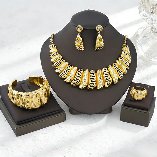 Dubai Gold Plated Earrings Jewelry Set Women's Large Pendant Necklace Indian 18K Bracelet Ring Wedding Party Luxury Jewelry