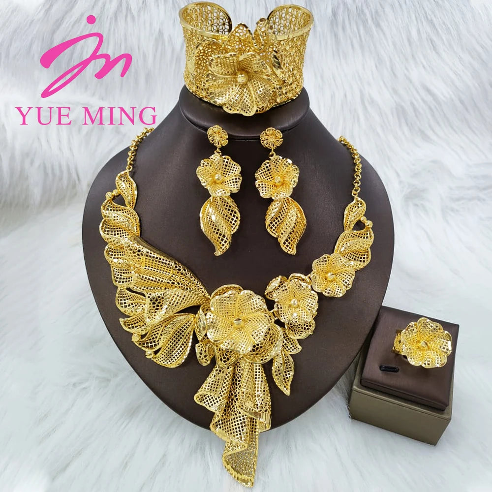 YM Gold Plated Jewelry Set for Women Copper Necklace Earrings Dubai African Party Bridal Wedding Gifts Arabic Cuff Bangles Rings