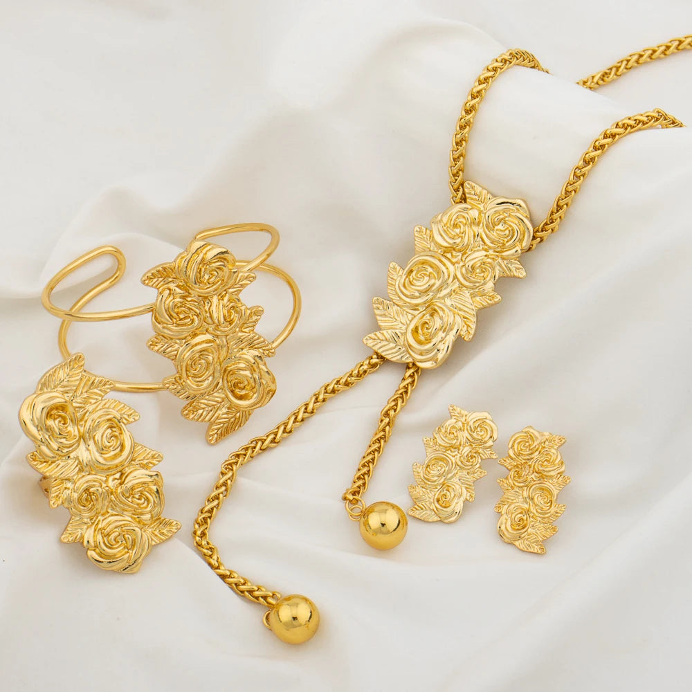 Gold Plated Jewelry Set for Women Adjustable Necklace Flower Shape Copper Earring Bracelet Rings Dubai African Wedding Jewellery