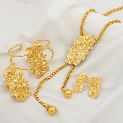 Gold Plated Jewelry Set for Women Adjustable Necklace Flower Shape Copper Earring Bracelet Rings Dubai African Wedding Jewellery