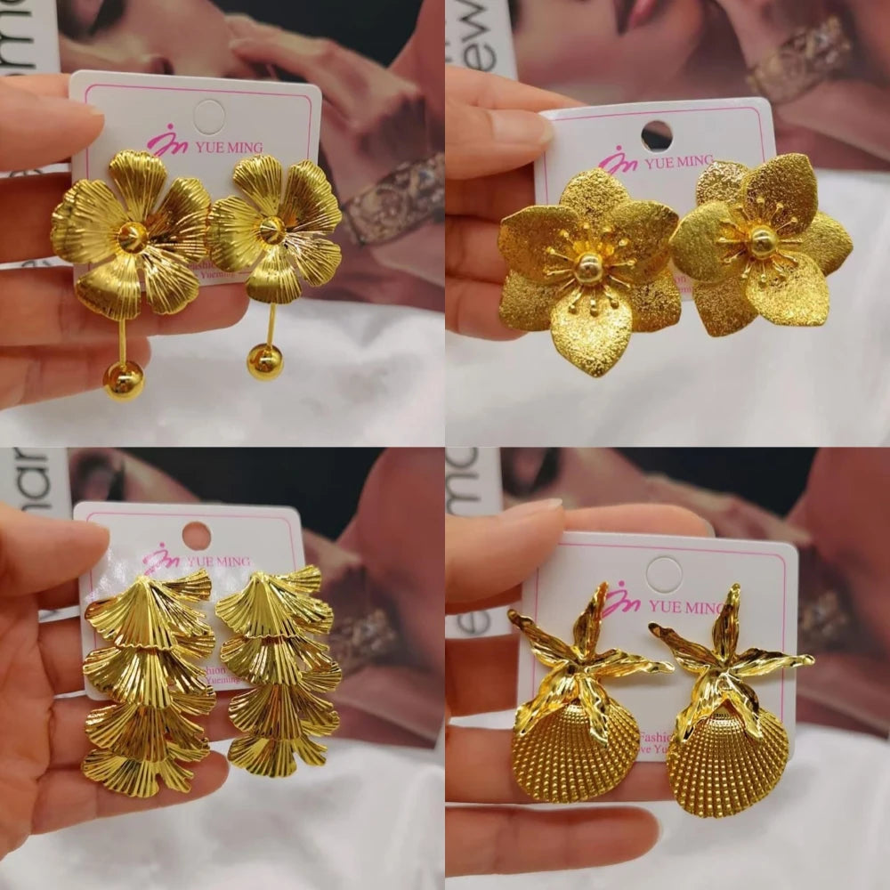 4Pairs Heart Shape Earrings for Women African Gold Color Stud Earrings Weddings Bridal Luxury Ear Accessories Party Jewelry Set