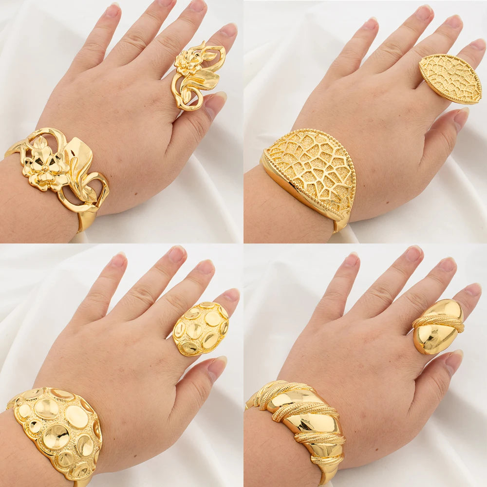 4Set Luxury Bangle Ring For Women Dubai Gold Color Bracelet France Jewelry Set Arabic African Adjustable Ring Party Wedding Gift