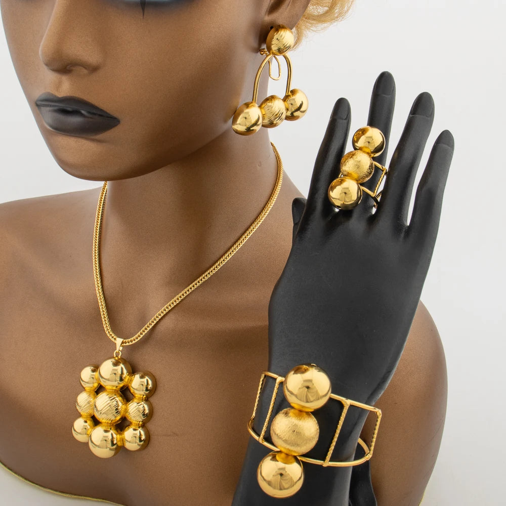 Luxury Gold Color Jewelry Set Women Nine Beads Large Earrings Bracelet Ring Necklace African Dubai Fashion Italy Christmas Gift