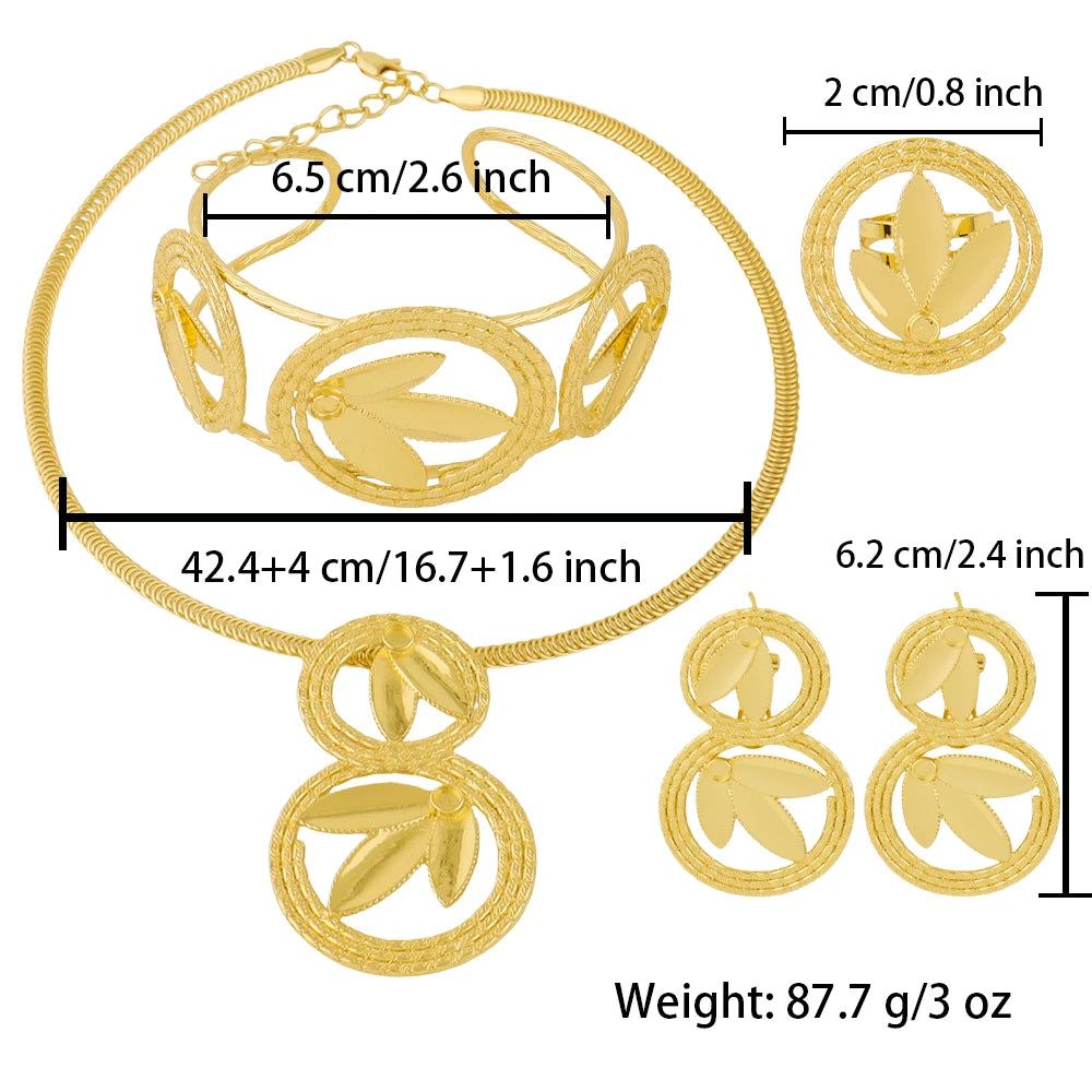 Classic Clover Gold Plated Jewelry Gift Necklace Earrings Bracelet Ring Set for Women Girl Bride Charm Bangle for Party Wedding