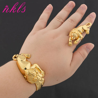 18K Gold-Plated Dubai Leopard Bracelet & Adjustable Ring, Copper Luxury Jewelry Gift for Women, Elegant Christmas Party Accessor