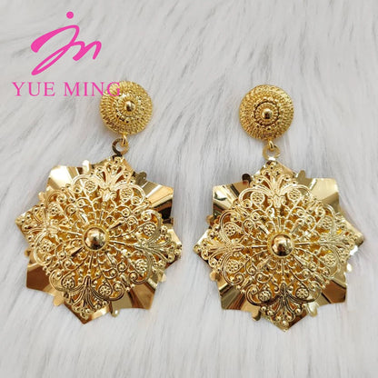 Big Size Drop Earrings and Necklace 18k Gold Color Dubai Flower Shaped Fashion Jewelry Sets For Beautiful Women Necklace Earring - YUEMING JEWELRY