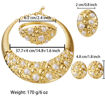 Dubai Gold Silver Plated Jewelry Set Luxury Women Original Necklace Earrings Pearl Bracelet Ring Bridal Wedding Party Gift