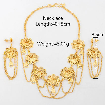 Dubai Copper Gold Color Jewelry Set for Women Luxury Tassel Necklace Earrings Sets African Bridal Wedding Party Accessories Gift