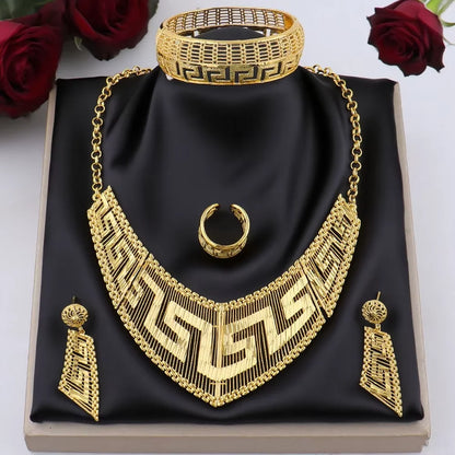 hot selling necklaces earrings bracelets ring jewelry sets four-piece Dubai African Gold Color Flower bride wedding  Party Gifts